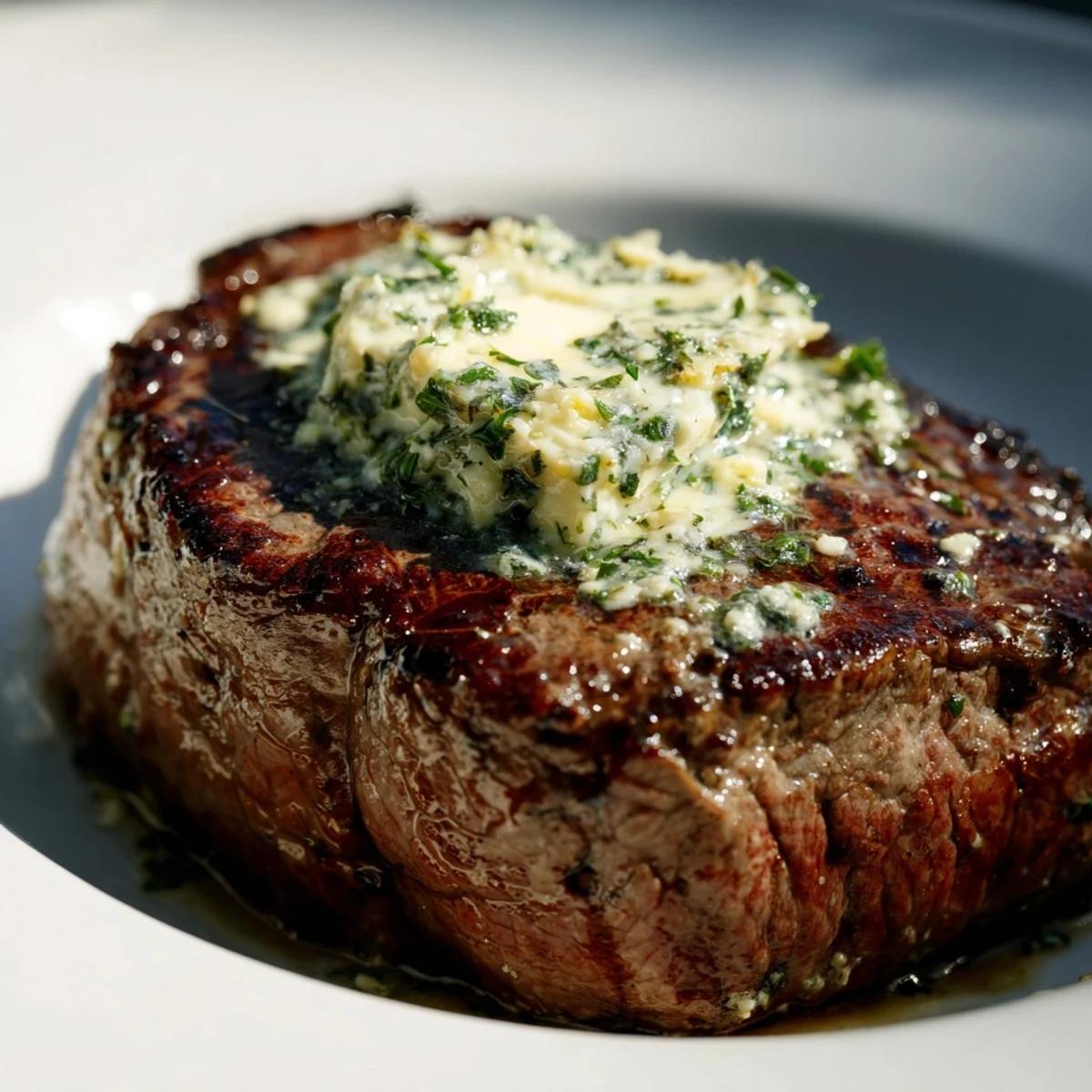 Golden seared Romantic Filet Mignon steaks topped with melting garlic herb butter on a rustic plate.