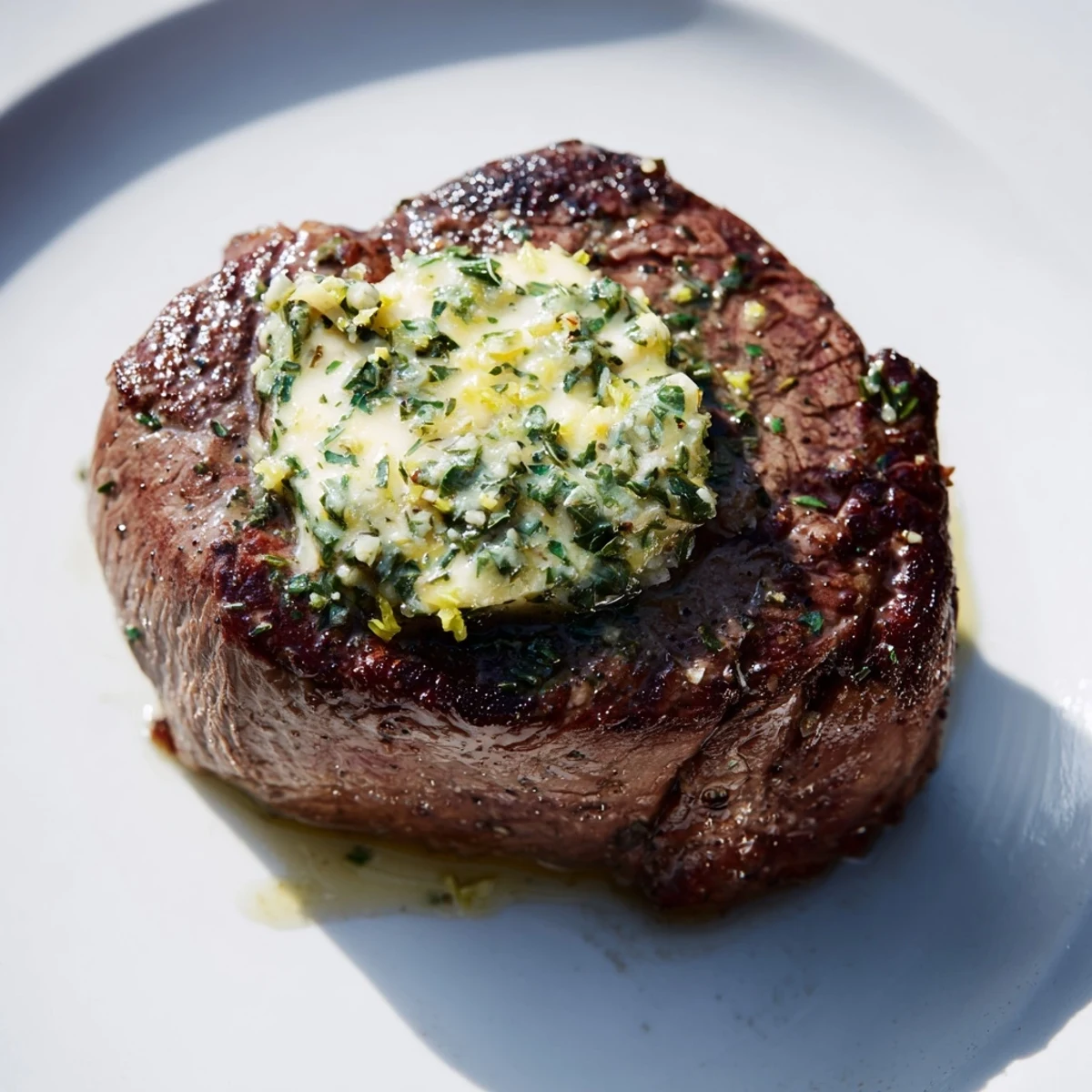Sizzling Romantic Filet Mignon fresh from the cast iron skillet garnished with fresh parsley.