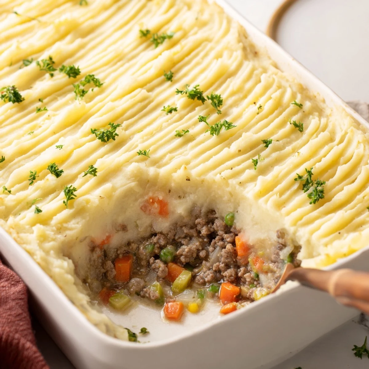 Golden brown, ridged mashed potatoes top a rich St. Patricks Day Shepherds Pie with lamb and peas, steaming on a plate.