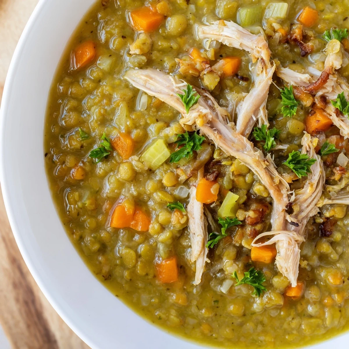 Steaming bowl of Green Split Pea Soup with Smoked Turkey, garnished with fresh parsley on a rustic table.