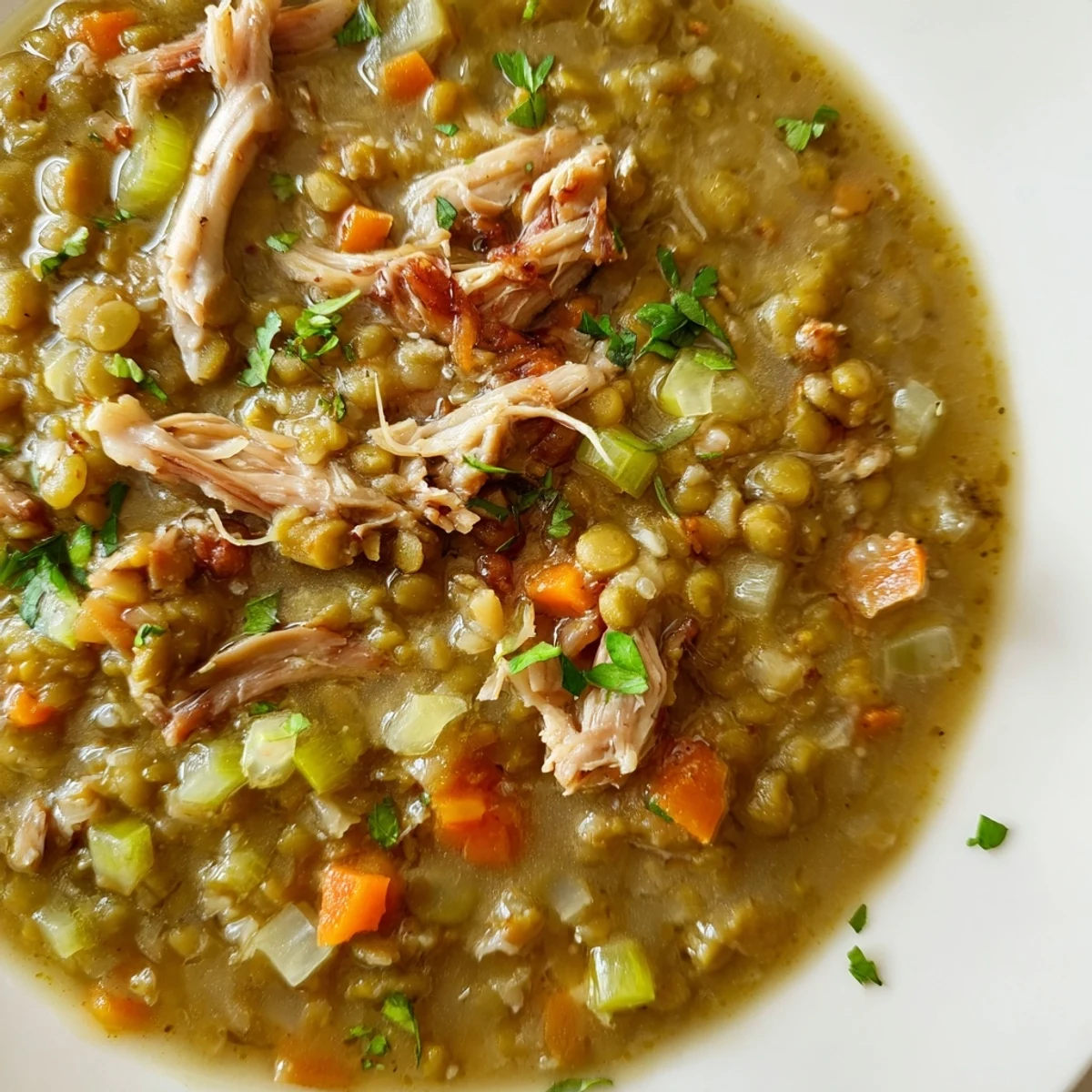 Close-up of Green Split Pea Soup with Smoked Turkey, highlighting tender peas and shredded meat.