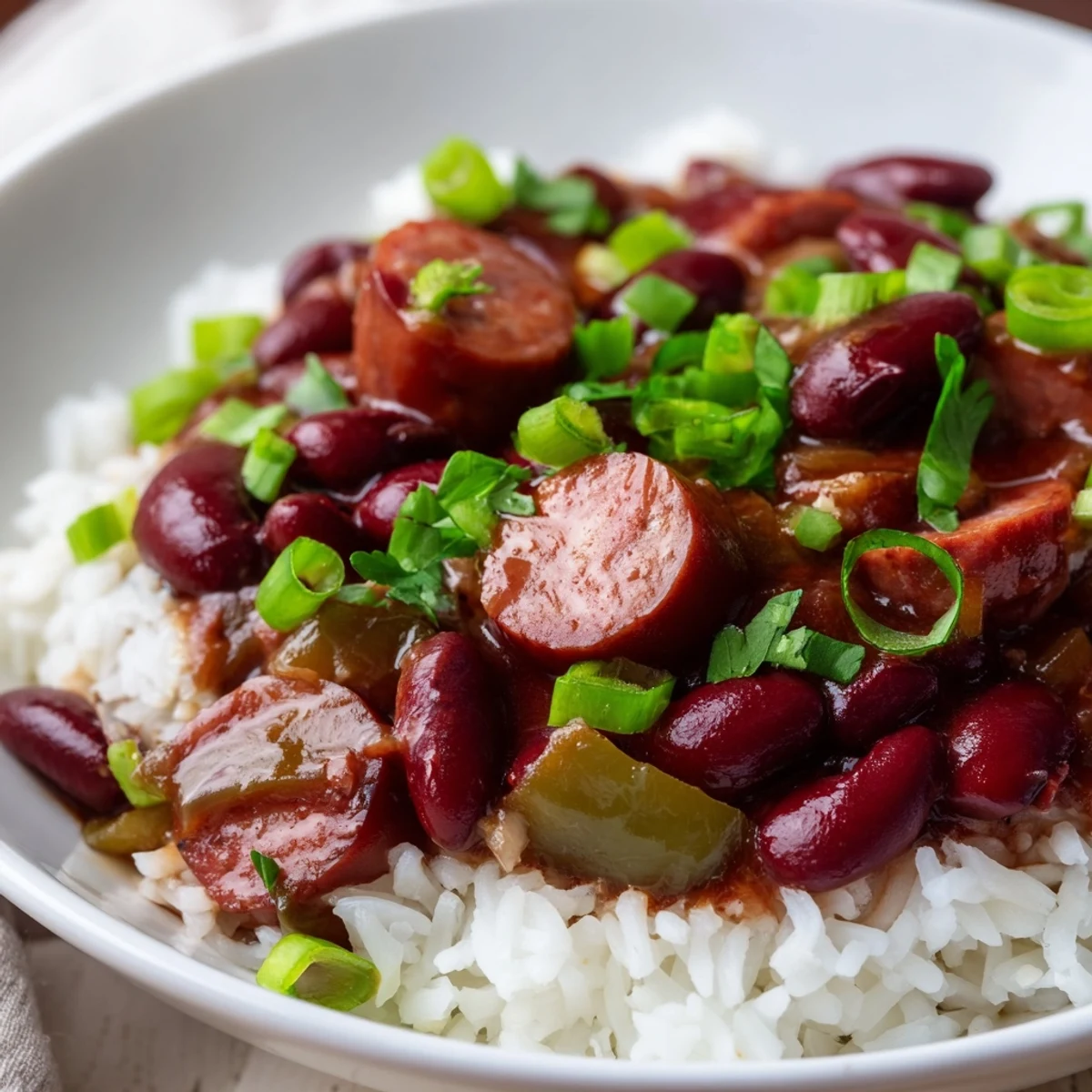 A hearty bowl of Louisiana Style Red Beans and Rice, featuring smoky andouille sausage, creamy red beans, and fluffy white rice, garnished with fresh green onions.