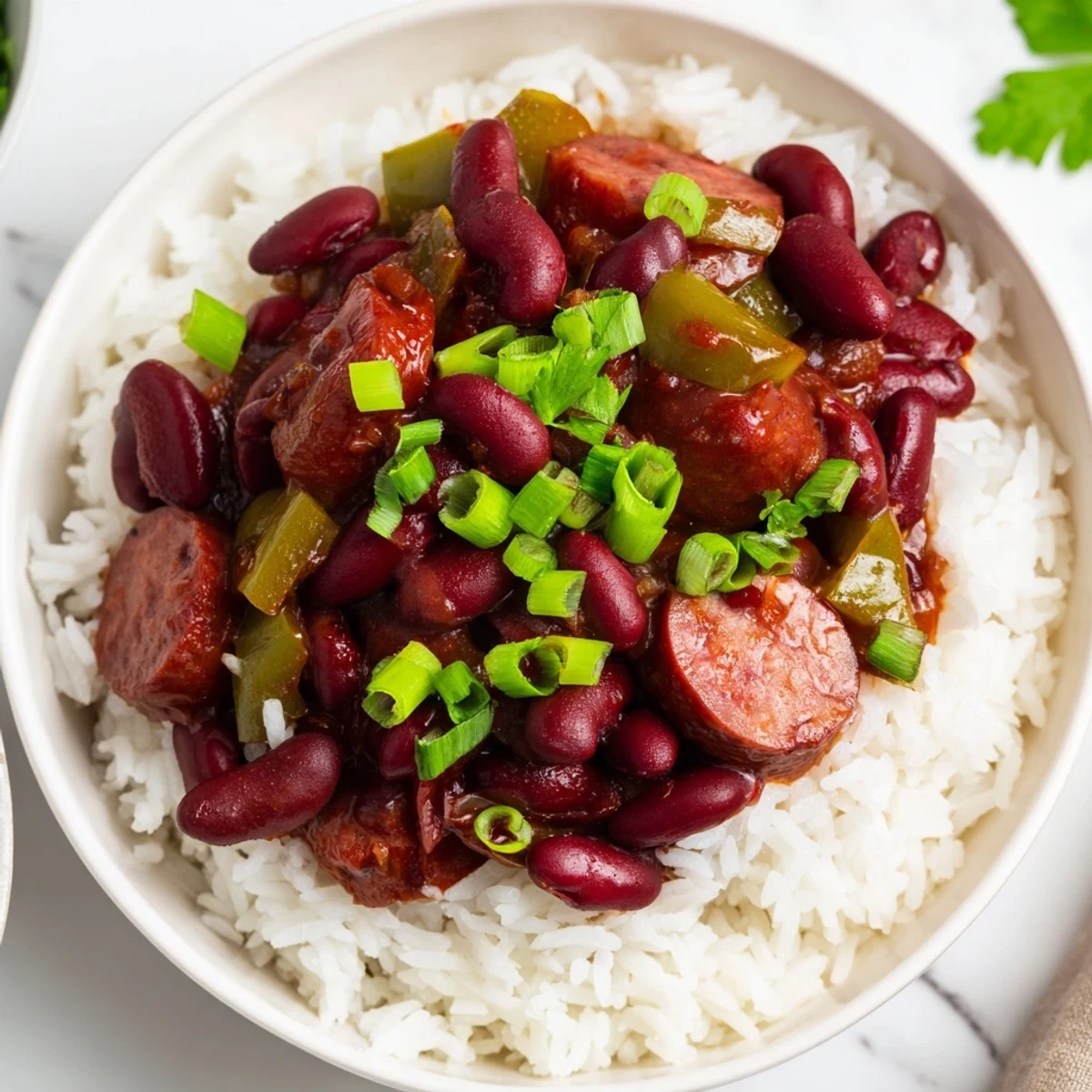 Tender red beans and smoky sausage simmered in a rich, aromatic broth, served over a fluffy bed of white rice for a classic Creole meal.