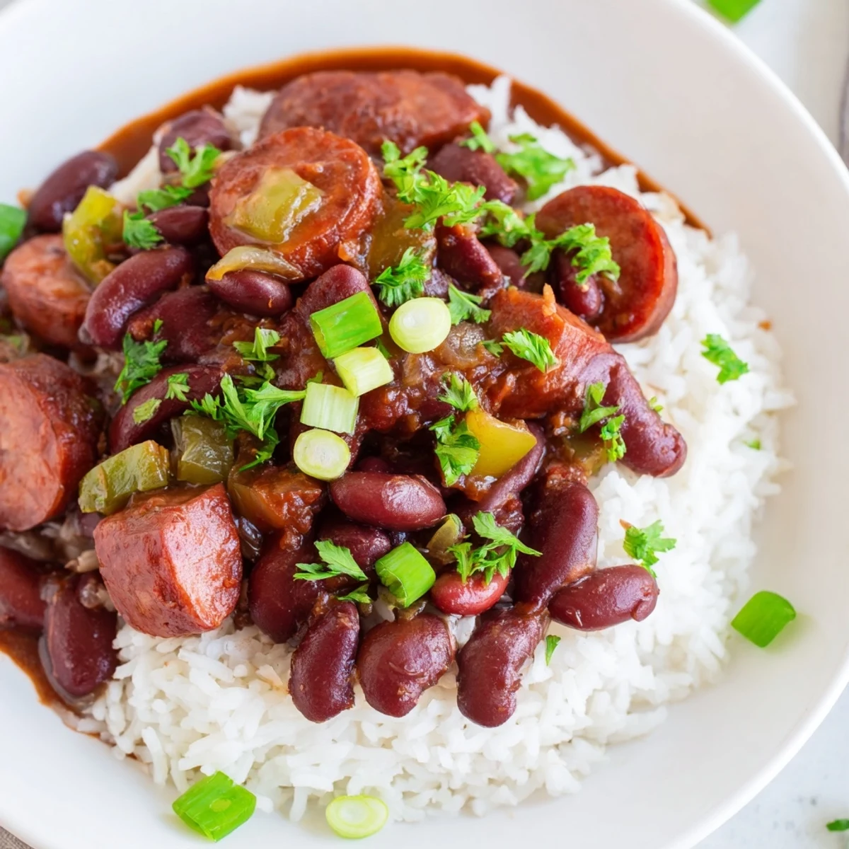 A close-up of Louisiana Style Red Beans and Rice, highlighting the creamy beans, savory sausage slices, and garnish of fresh parsley and spring onions.