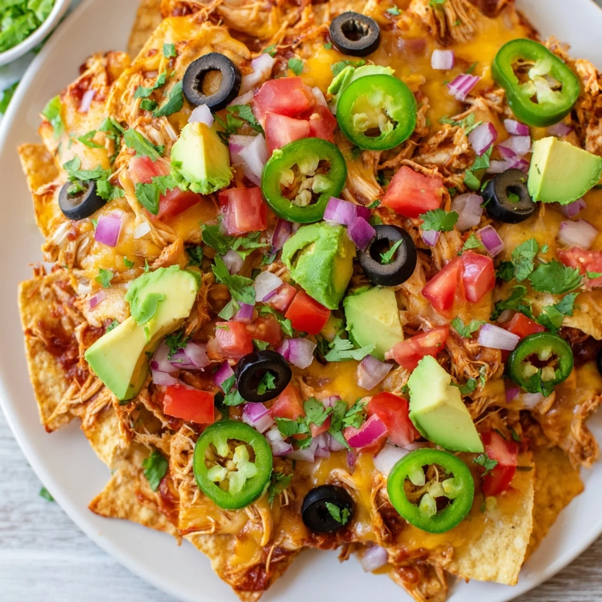 Golden MVP Pulled Chicken Nachos loaded with melty cheddar and Monterey Jack, topped with fresh diced avocado and jalapeños.