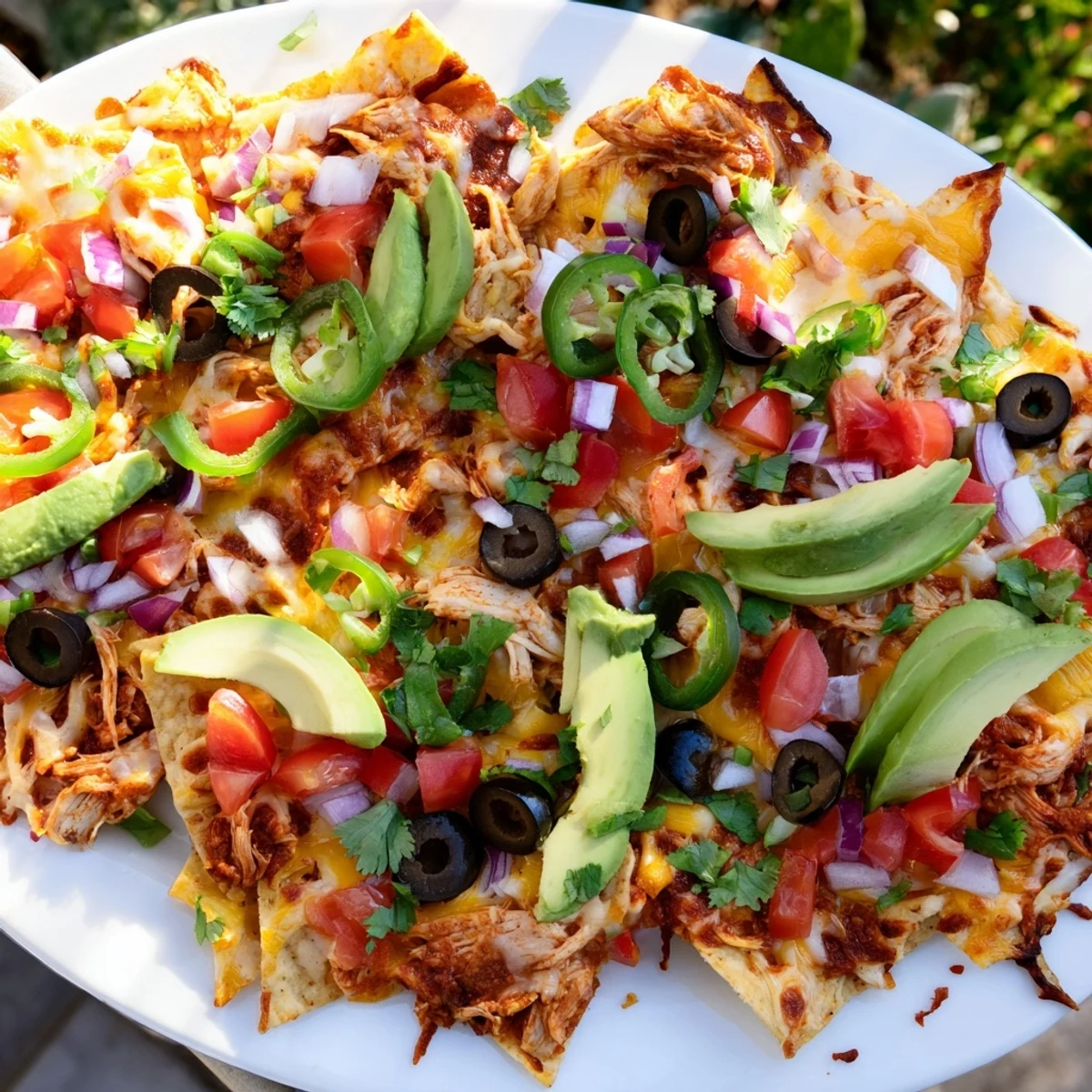 A close-up of baked MVP Pulled Chicken Nachos with juicy shredded chicken, black olives, and cilantro on crispy chips.