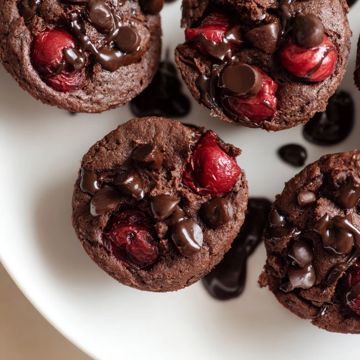 Dark Chocolate Cherry Brownie Bites with fudgy centers and gooey cherries on a marble counter.
