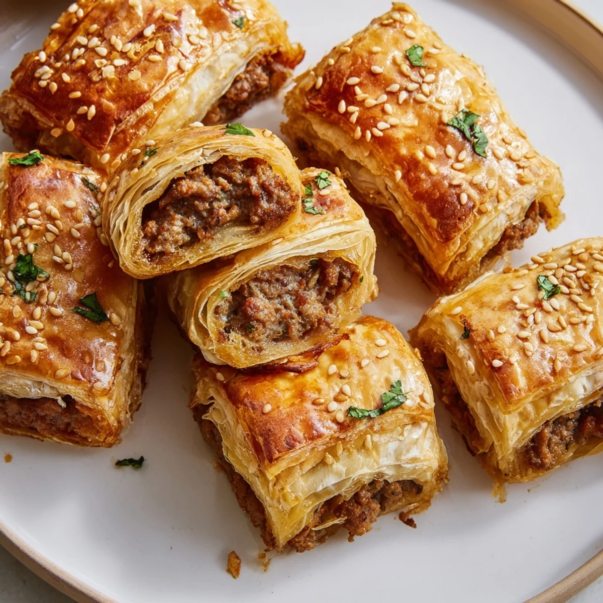 Golden, flaky Game Day Sausage Rolls with beef sausage filling, garnished with sesame seeds and served with mustard dip.