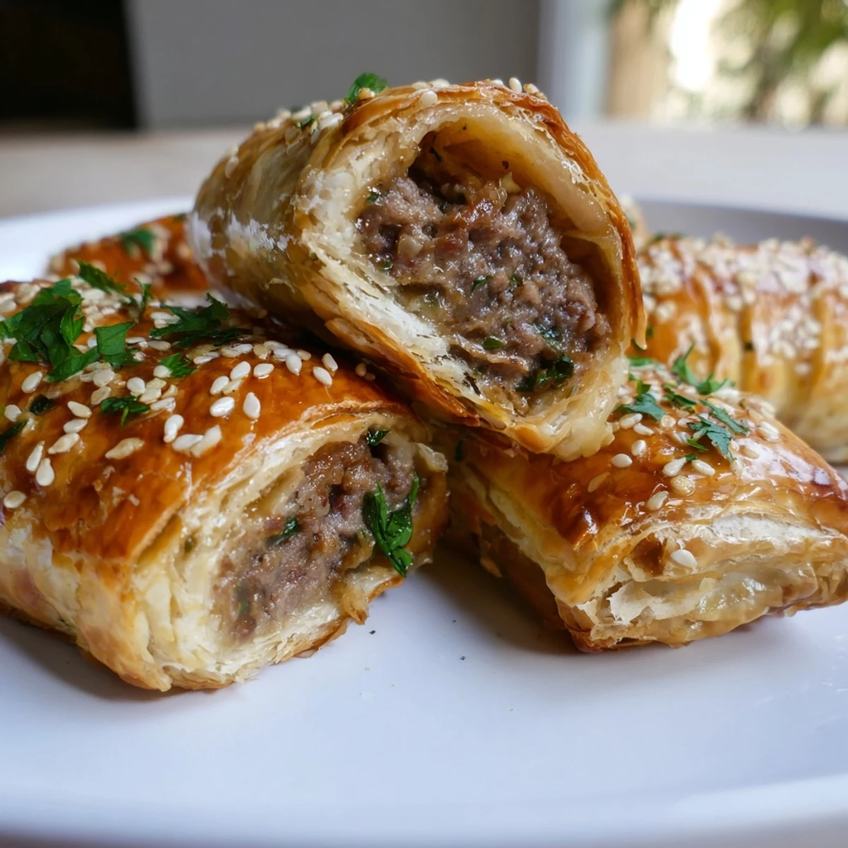 Freshly baked Game Day Sausage Rolls on a rustic platter, featuring juicy beef sausage wrapped in crispy puff pastry.