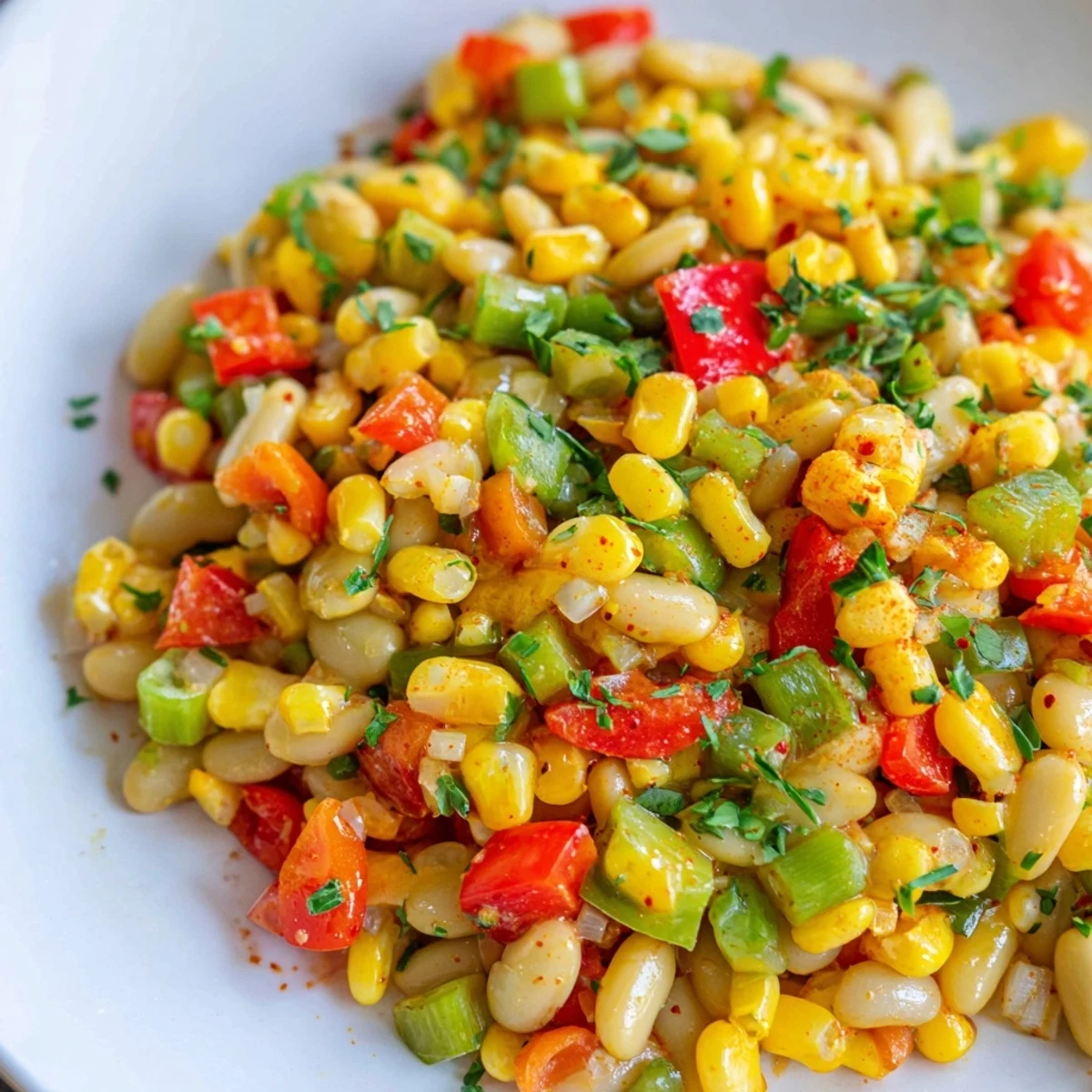Creole Succotash with Lima Beans served warm in a white bowl, garnished with fresh parsley and vibrant diced peppers.