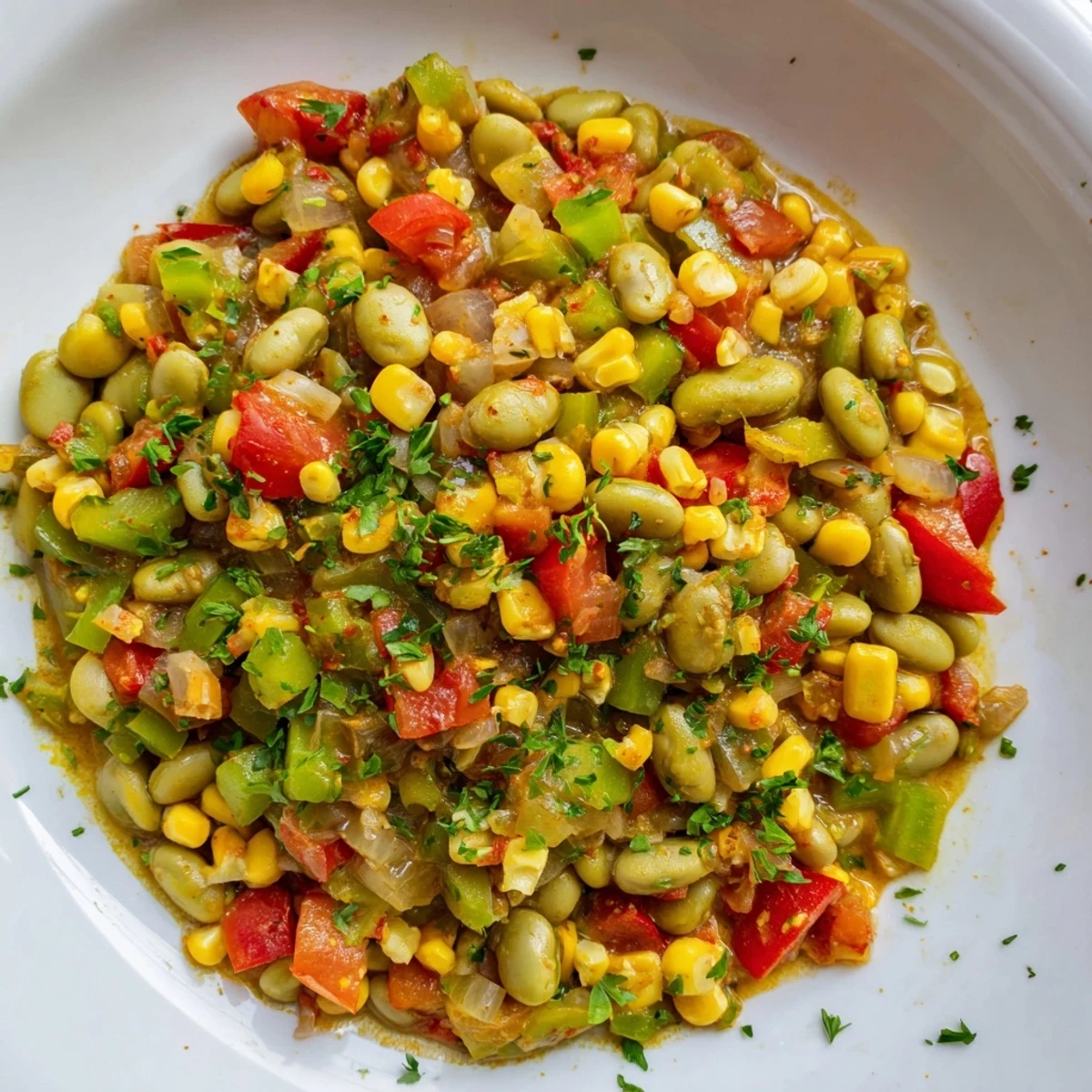 A close-up of Creole Succotash with Lima Beans simmering in a skillet with sweet corn and a rich, savory broth.