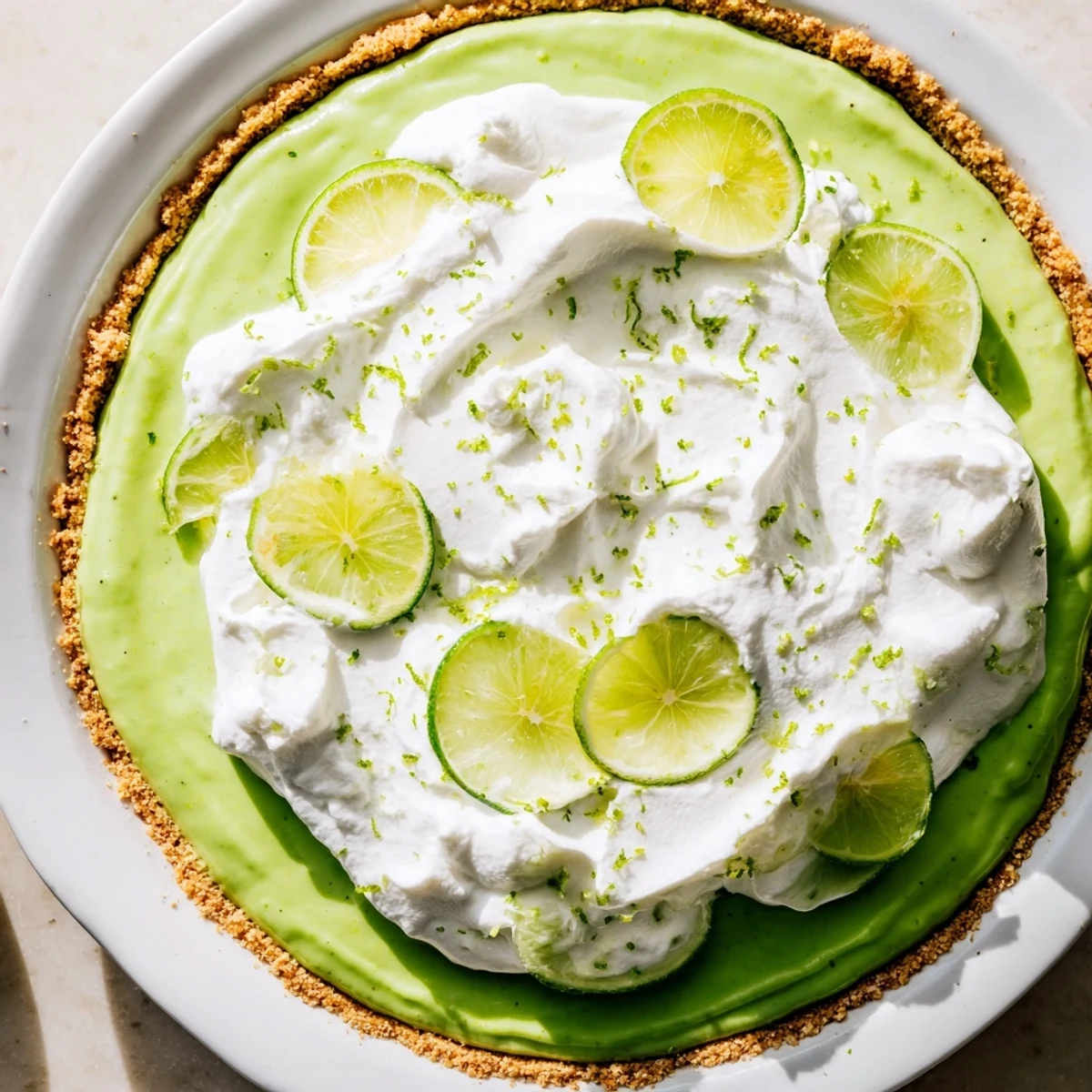 A slice of vibrant green key lime pie with whipped cream and lime zest garnish on a rustic wooden table.