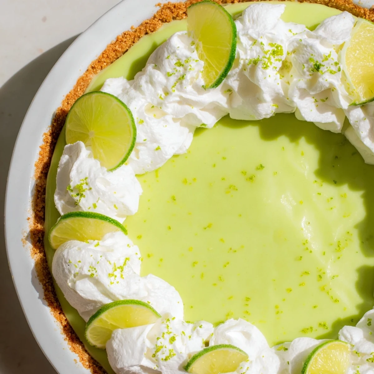 This easy homemade key lime pie features a creamy, tangy filling inside a golden graham cracker crust.