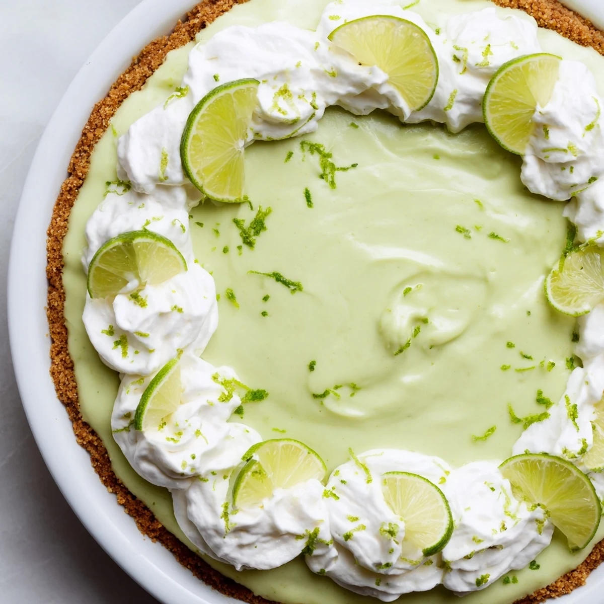 Close-up of fluffy whipped cream topping on a bright green key lime pie, ready for a summer dessert party.
