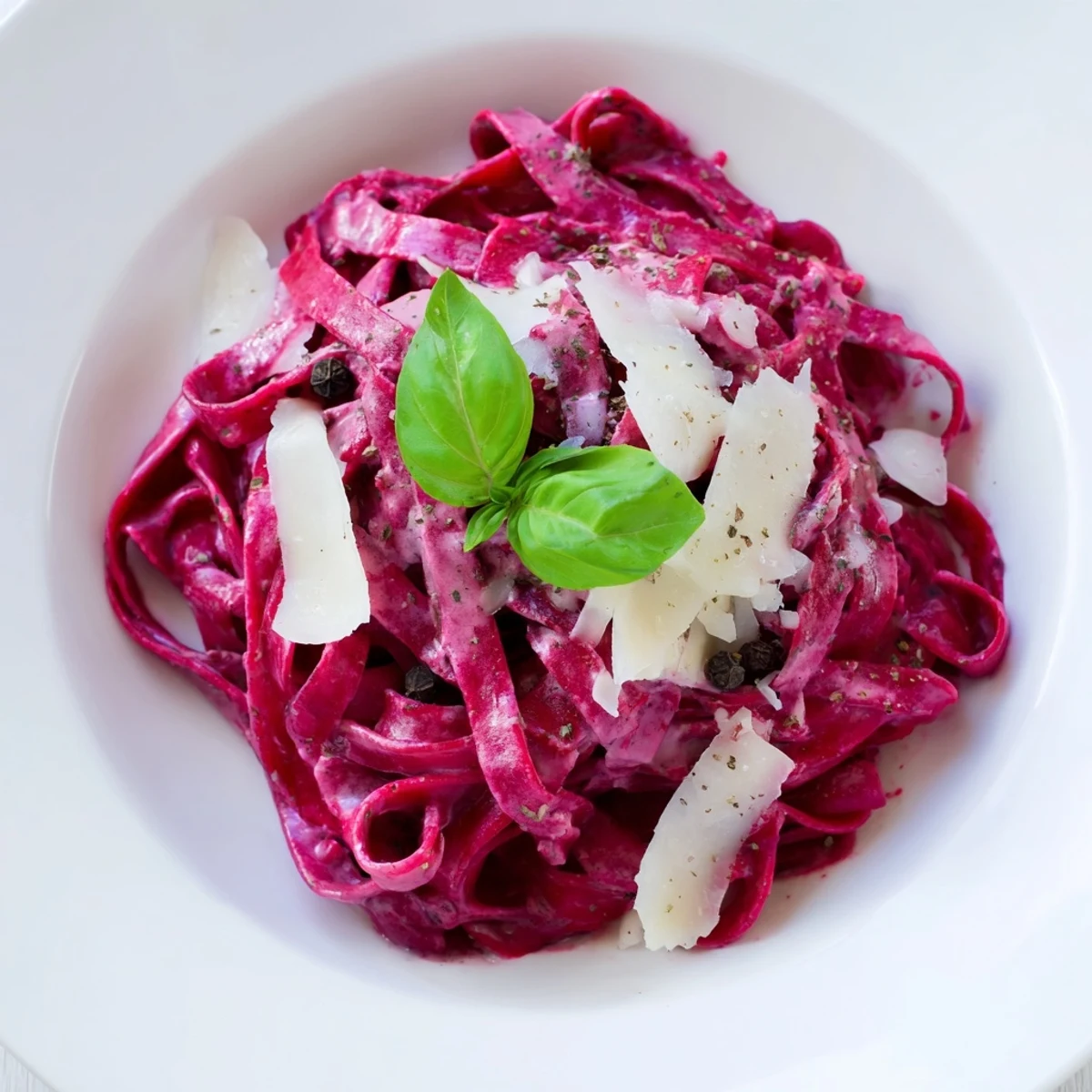 Creamy Valentine Pink Pasta with Beet Cream Sauce in a white bowl, topped with fresh basil and cracked black pepper, ready to serve.