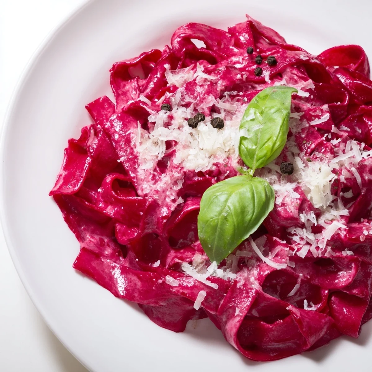 Valentine Pink Pasta with Beet Cream Sauce twirled on a fork, showing the silky, vibrant pink sauce coated on fettuccine noodles.