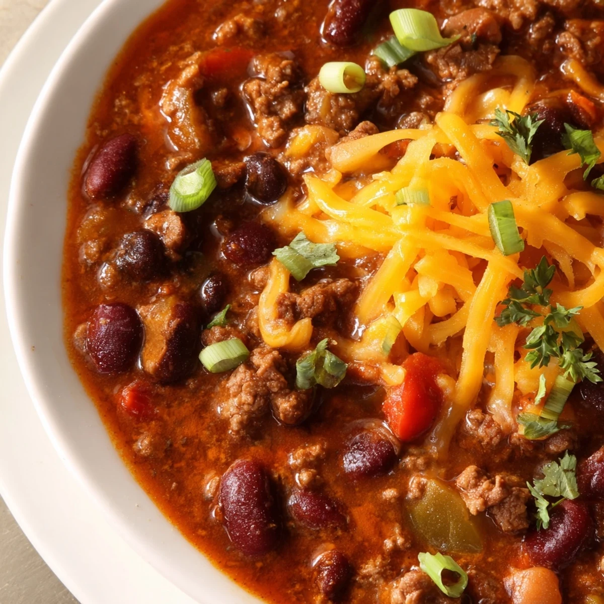 A bowl of Championship Spicy Beef Chili with Cheddar, steaming with tender beef and three beans, topped with melty cheese and fresh cilantro.