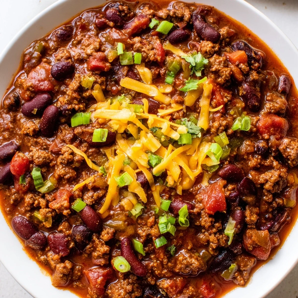 Close-up of Championship Spicy Beef Chili with Cheddar in a rustic pot, showcasing rich, reddish broth and a generous layer of shredded sharp cheddar.