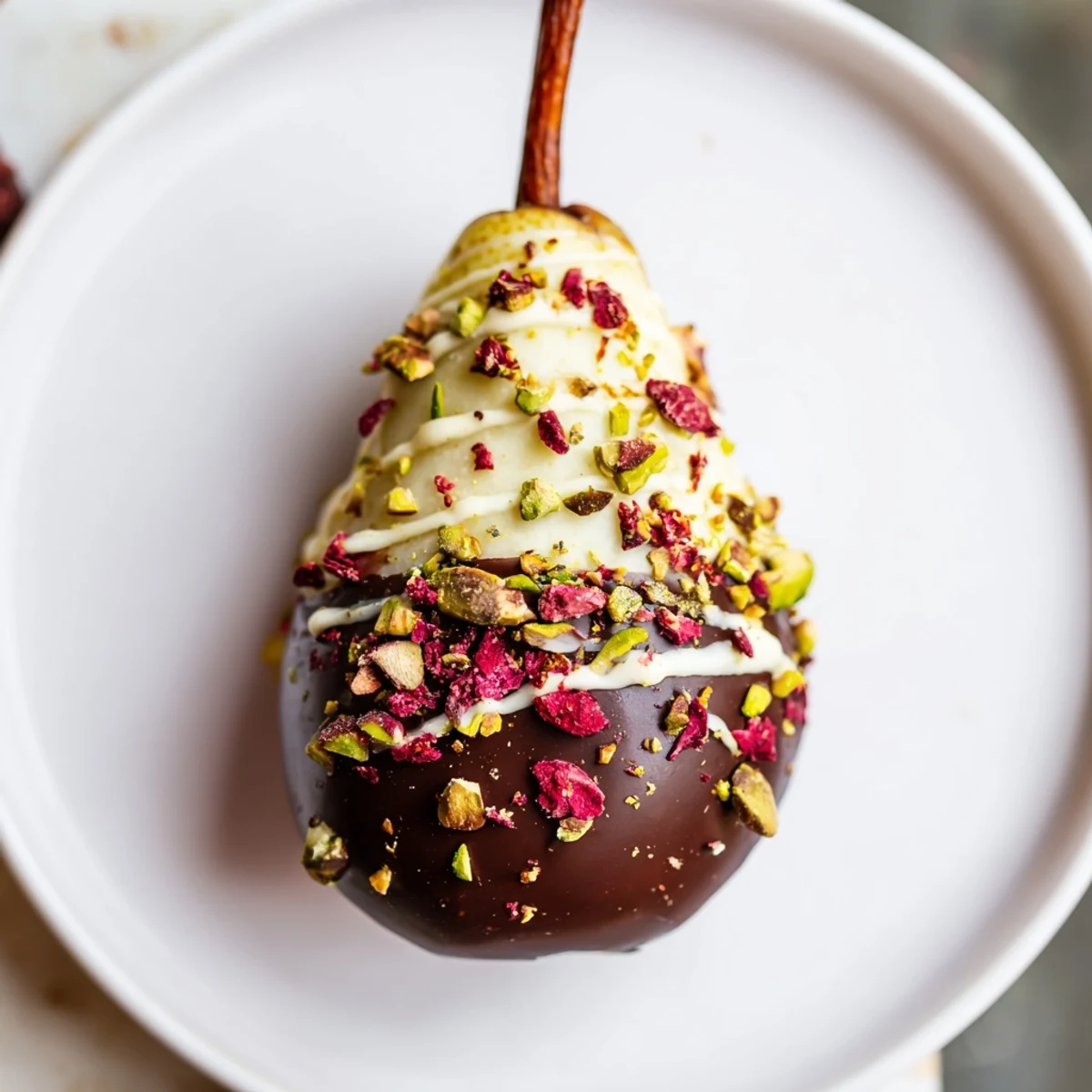 Romantic Chocolate Covered Pears show glossy drizzles and edible petals, served chilled for an elegant finish.