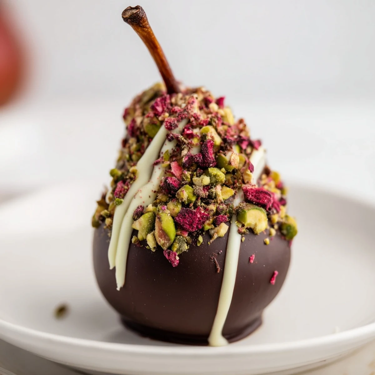 Whole Romantic Chocolate Covered Pears stand upright on a platter, ready for sharing with sparkling wine.