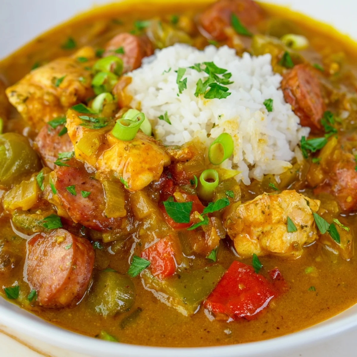 A close-up of Mardi Gras Chicken and Sausage Stew in a rustic bowl, featuring tender chicken chunks andouille sausage, and vibrant bell peppers in a rich, spicy broth.