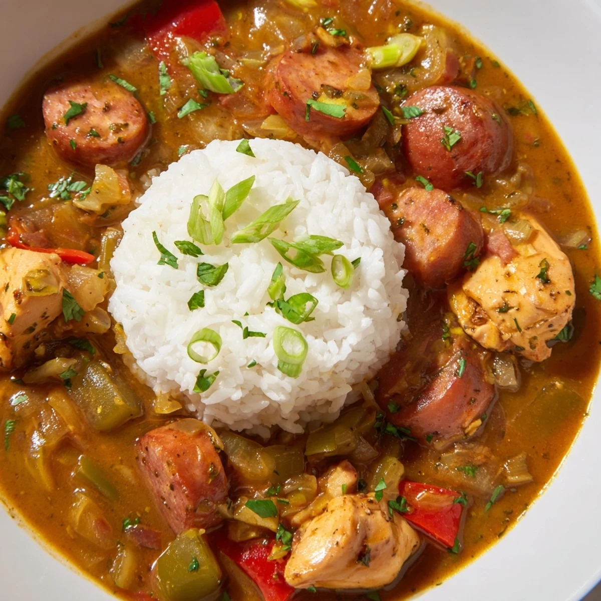 Steaming Mardi Gras Chicken and Sausage Stew served over fluffy white rice, garnished with fresh green onions and parsley, ready for a festive family dinner.