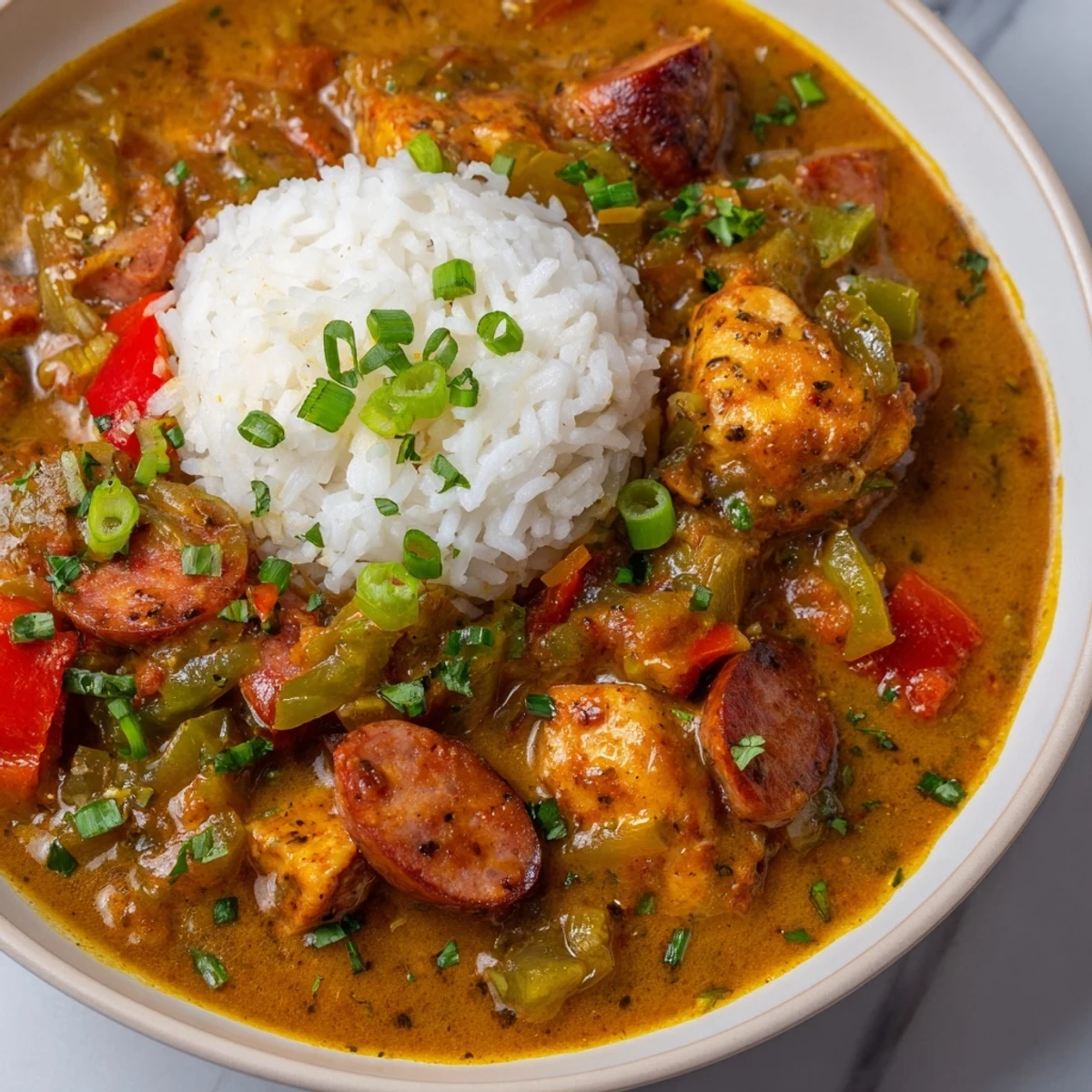 A Dutch oven simmering with Mardi Gras Chicken and Sausage Stew, showcasing deep golden roux, colorful diced vegetables, and savory Cajun spices for a hearty Louisiana meal.