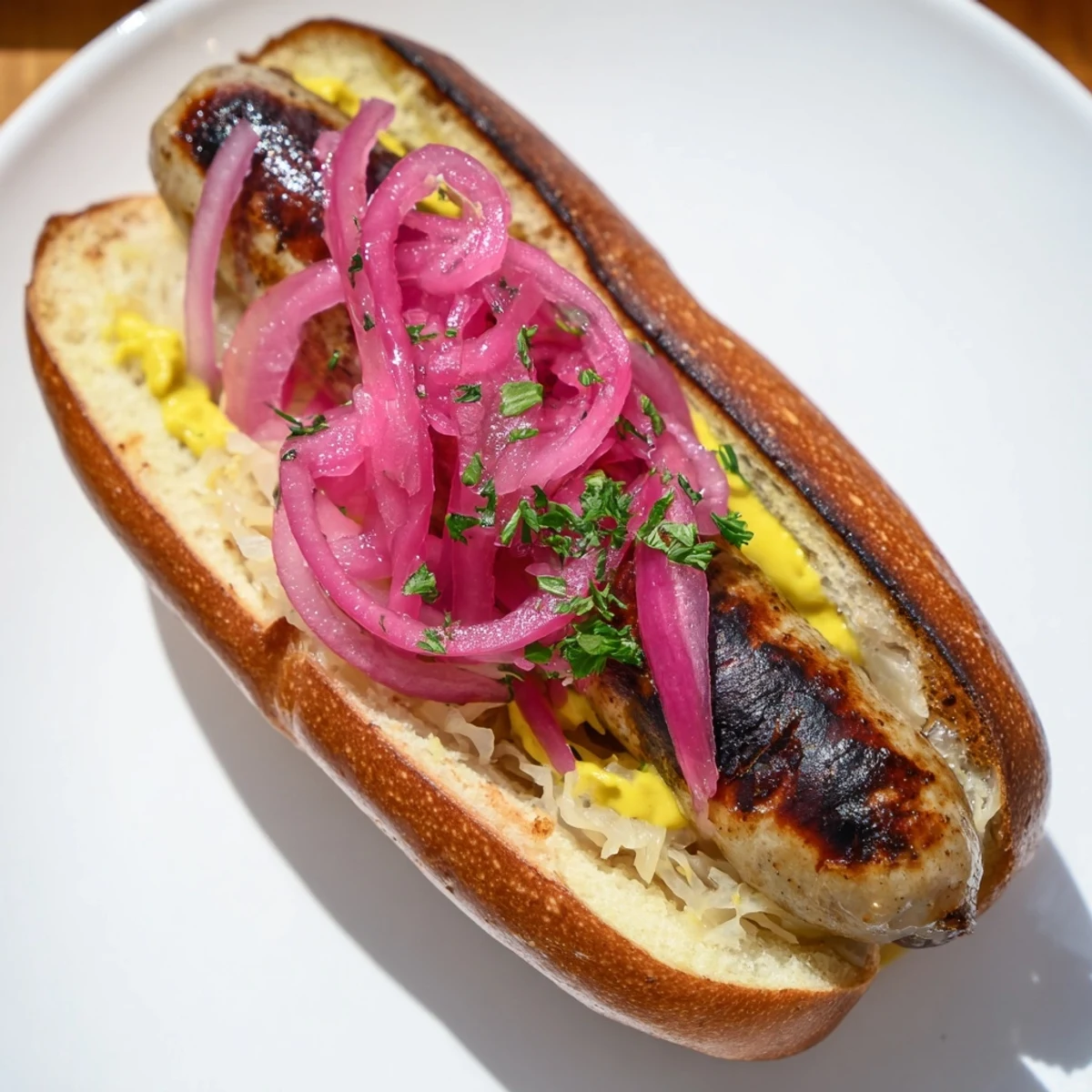 Perfectly grilled beef bratwursts nestled in a toasted bun with tangy sauerkraut and a drizzle of mustard.