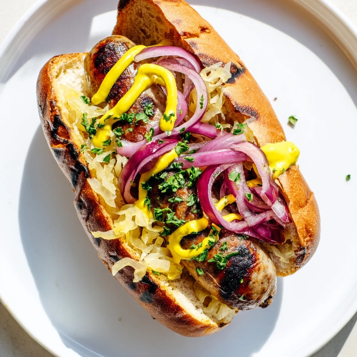 Hearty grilled beef bratwursts topped with warm sauerkraut, perfect for serving with fries or a side salad.