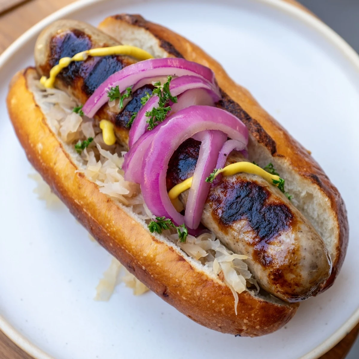 Sizzling beef bratwursts fresh off the grill, topped with sauerkraut and mustard in a toasted bun.