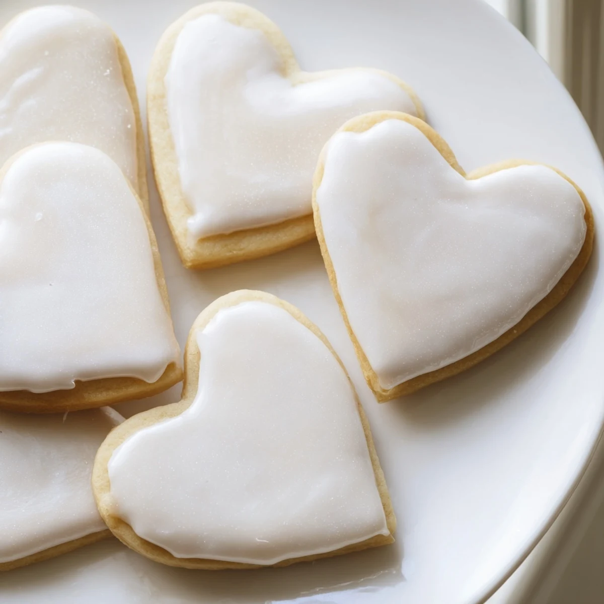Close-up of two Heart Shaped Sugar Cookies with Royal Icing, showing glossy white icing and crisp edges on a rustic wooden surface.