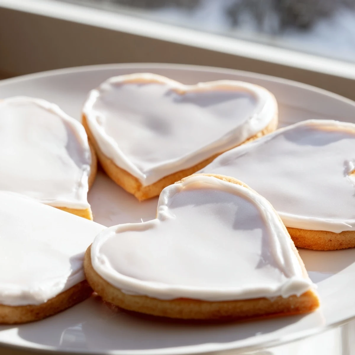 Valentine's Day Heart Shaped Sugar Cookies with Royal Icing, arranged on a marble board with a glass of milk for serving.