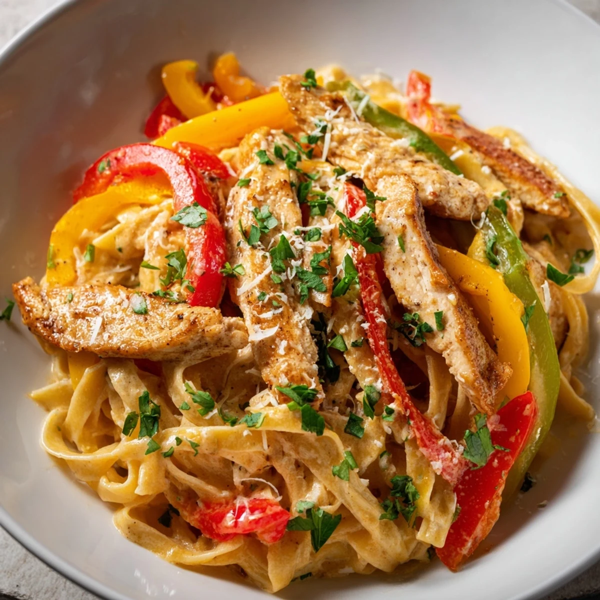 Creamy Cajun Chicken Alfredo with Bell Peppers tossed with fettuccine in a rich, garlicky sauce, garnished with fresh parsley.
