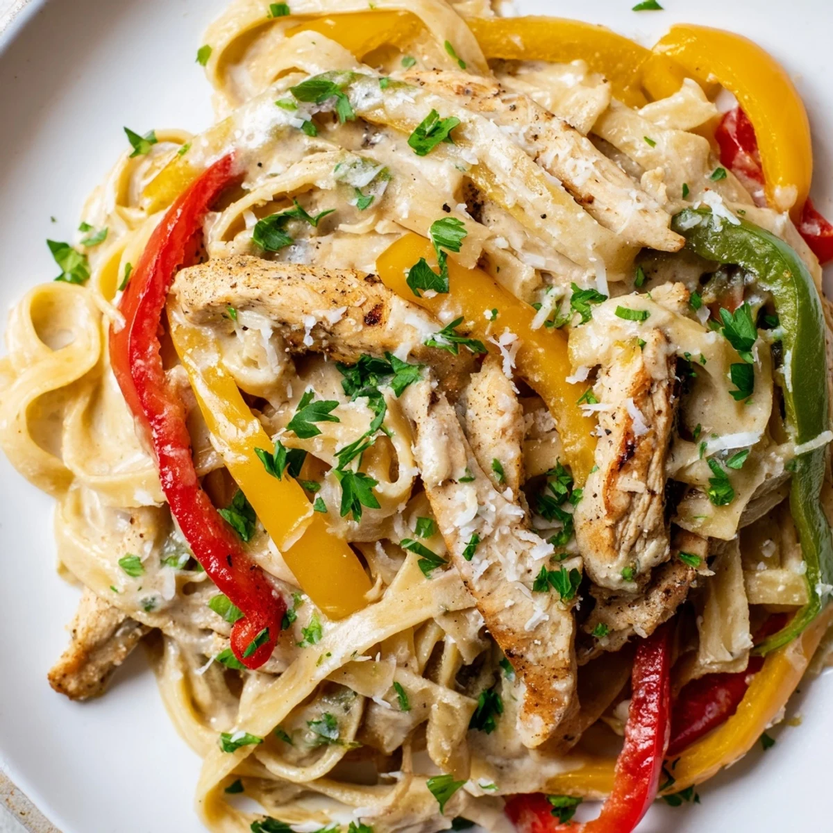 Weeknight comfort food: Cajun Chicken Alfredo with Bell Peppers served hot, twirled in Alfredo sauce with extra Parmesan and crusty bread.