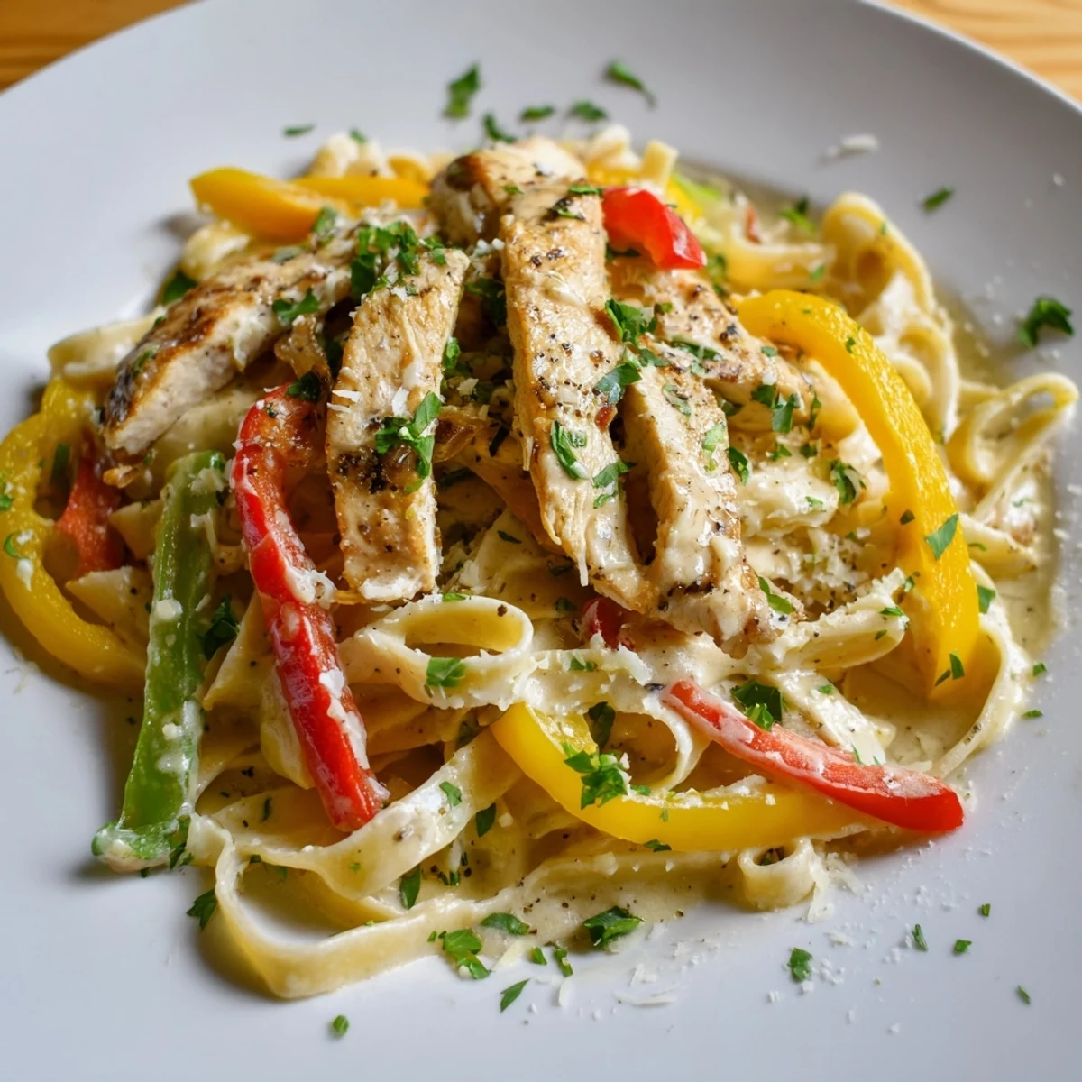 Sizzling skillet of Cajun Chicken Alfredo with Bell Peppers, featuring juicy chicken strips and colorful peppers in velvety Parmesan sauce.