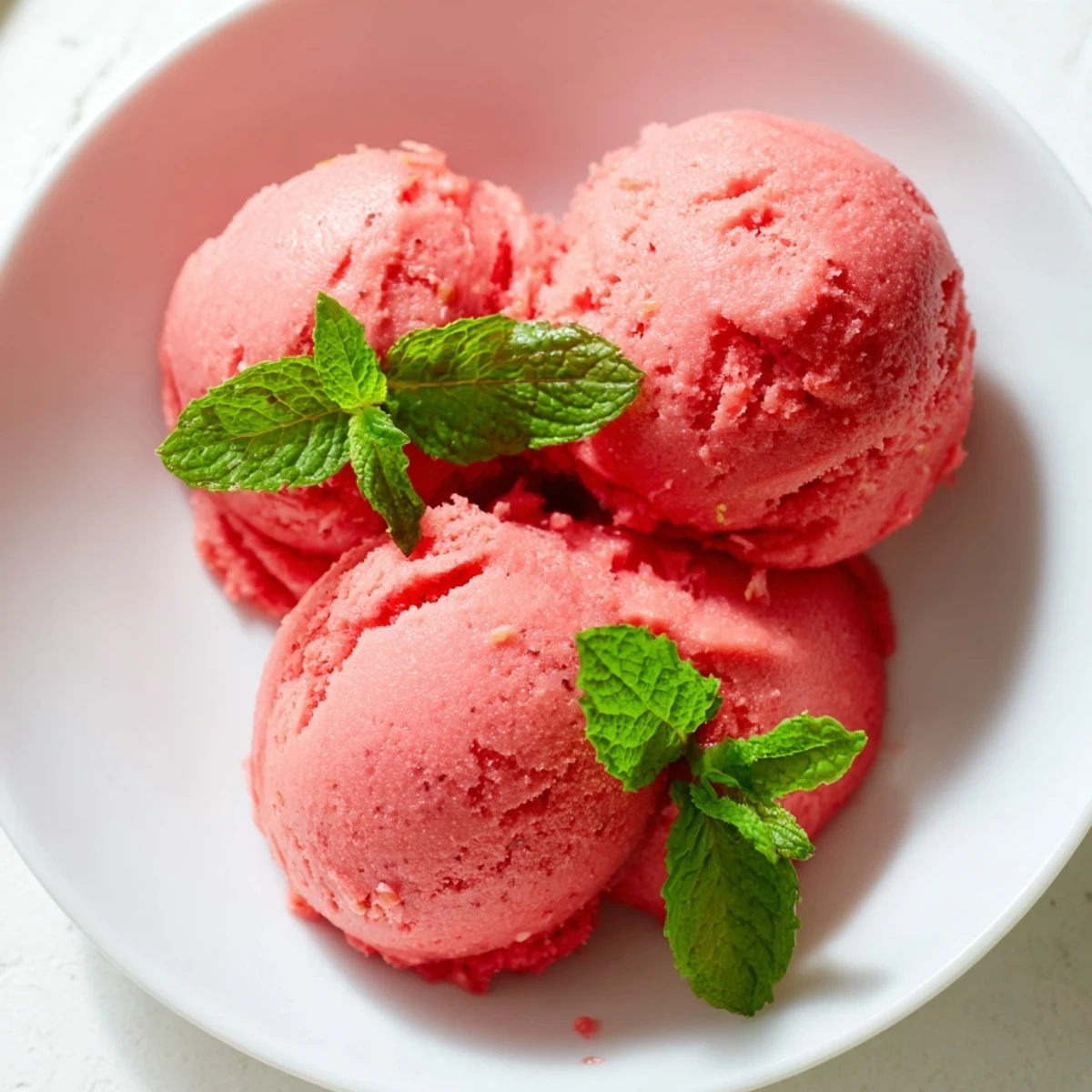 Homemade Pink Lemonade Sorbet with Fresh Mint in a white dish, featuring a bright pink hue and icy texture.