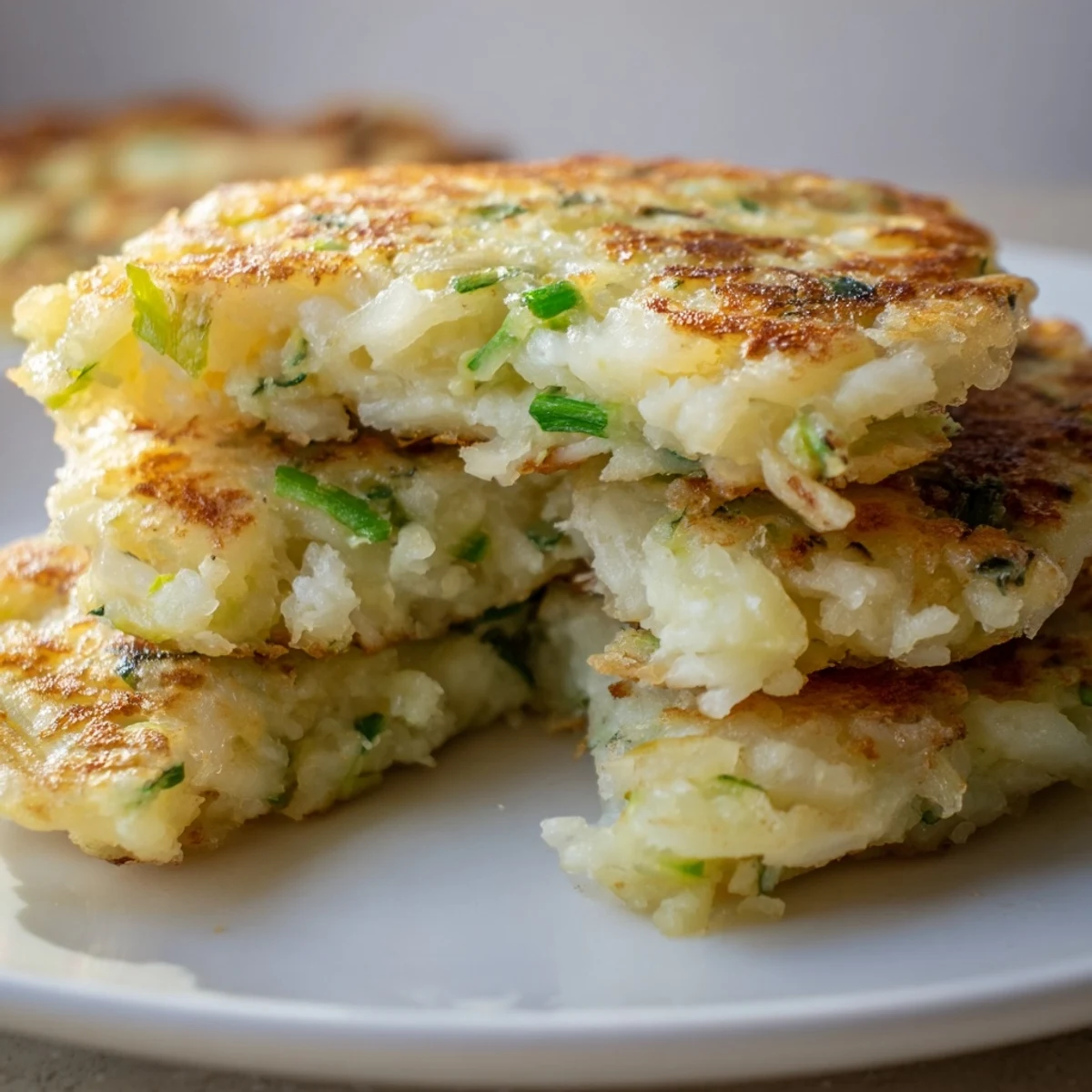 Golden-brown Irish Boxty Potato Pancakes with Scallions sizzling in a skillet, showing a crispy exterior and soft potato interior.