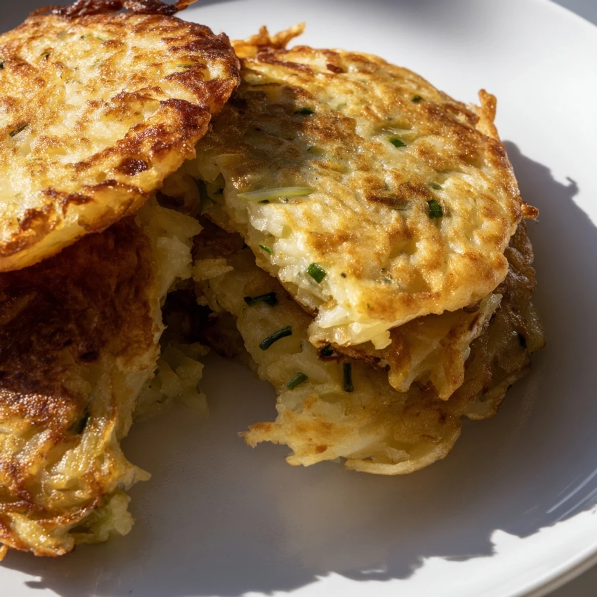 Platter of freshly fried Irish Boxty Potato Pancakes with Scallions, garnished with extra scallions and served alongside sour cream.