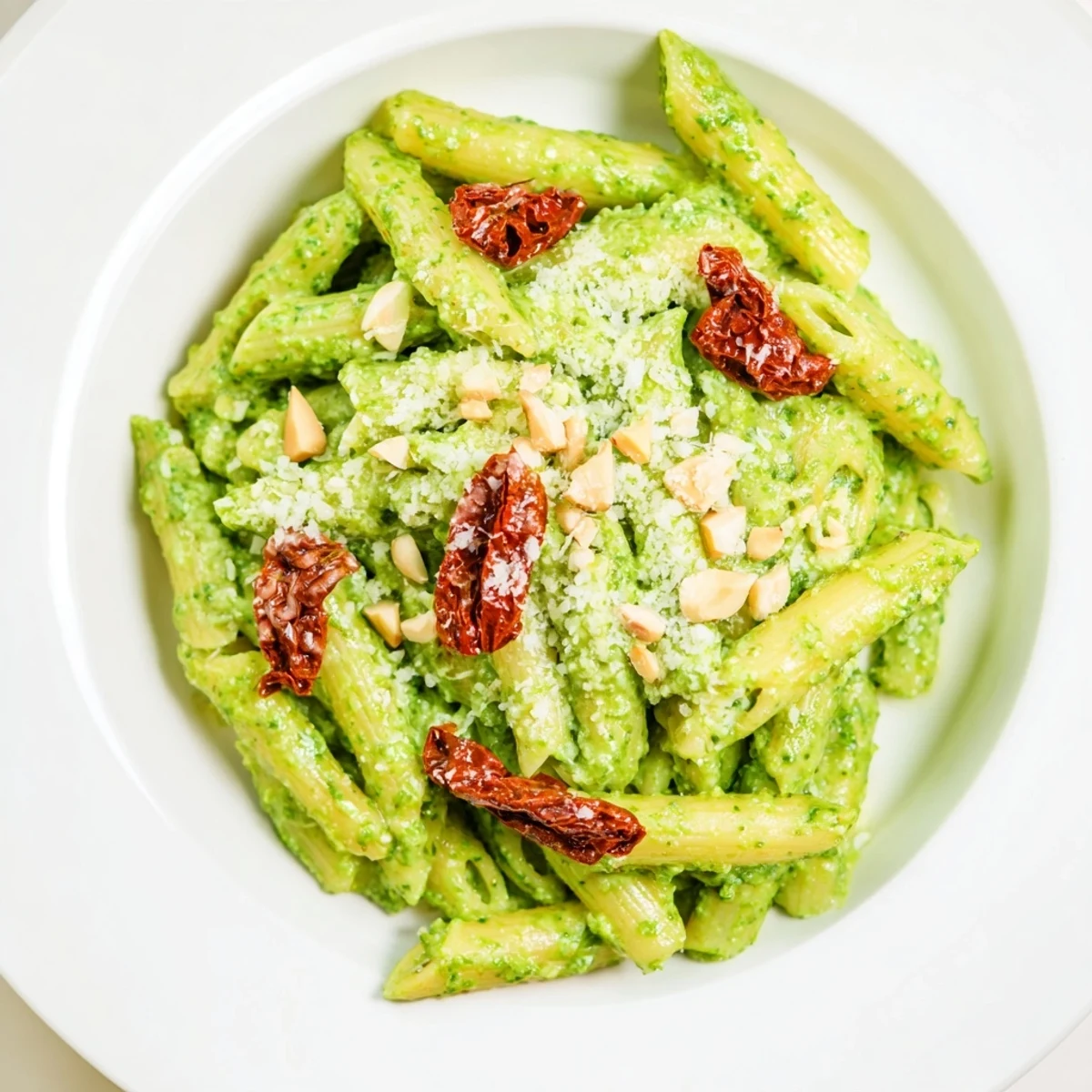 Tossed al dente penne with vibrant green basil pesto and tangy sun-dried tomatoes for a hearty Italian vegetarian meal.