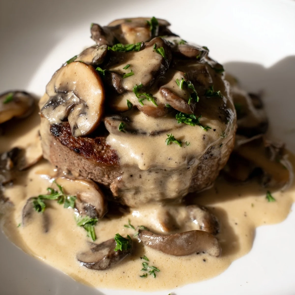 Golden-brown seared Steak Diane with creamy mushroom sauce, garnished with fresh parsley on a white plate, served with green beans.  