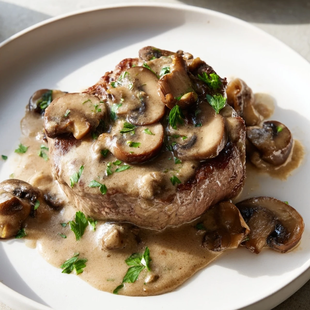 Tender beef steaks swimming in a rich, brandy-infused mushroom cream sauce, ideal for a cozy dinner.  