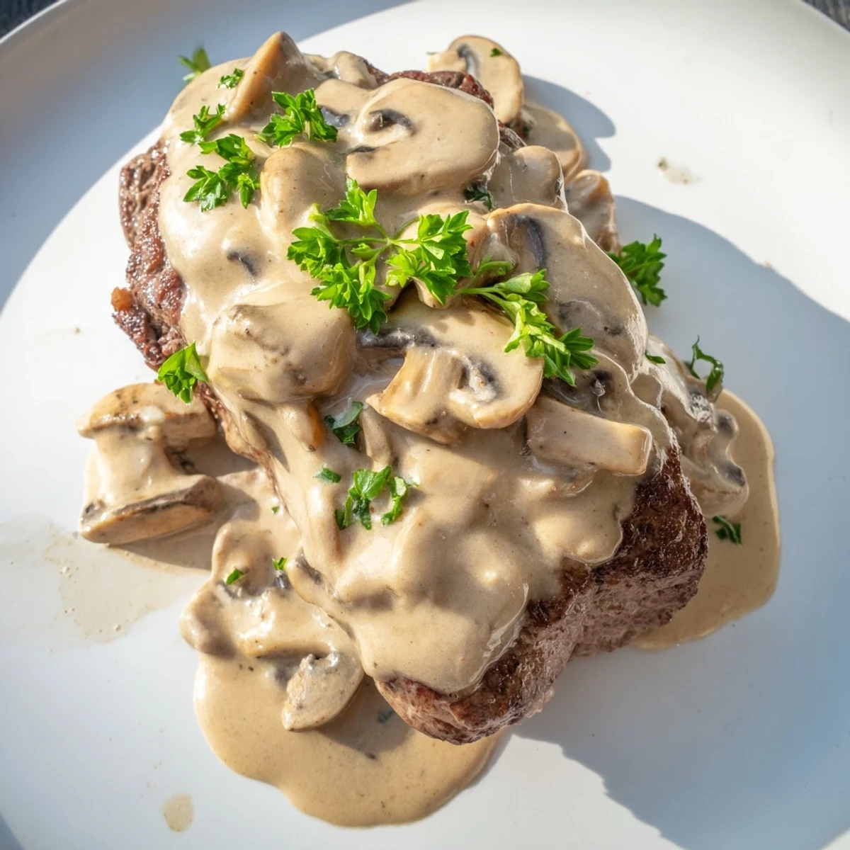 Steak Diane featuring juicy steaks topped with glossy, savory mushroom sauce, ready to serve over roasted potatoes.