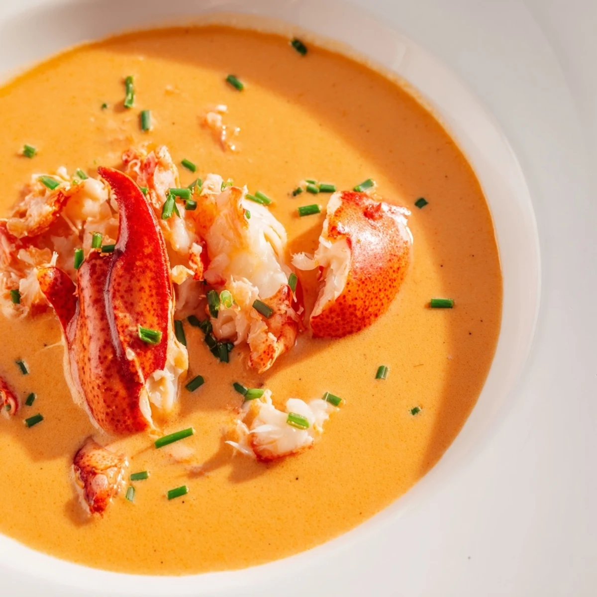 Creamy Lobster Bisque with Sherry Vinegar Substitute in a white bowl, garnished with fresh chives and a swirl of cream.