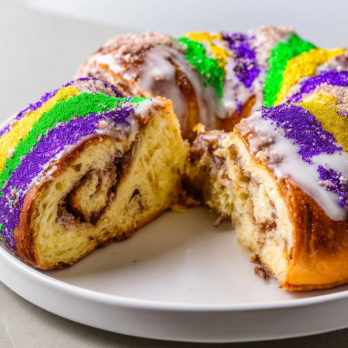 A close-up of a freshly baked Mardi Gras King Cake, its golden brioche surface drizzled with white icing and sprinkled with vibrant purple, green, and gold sugars.  