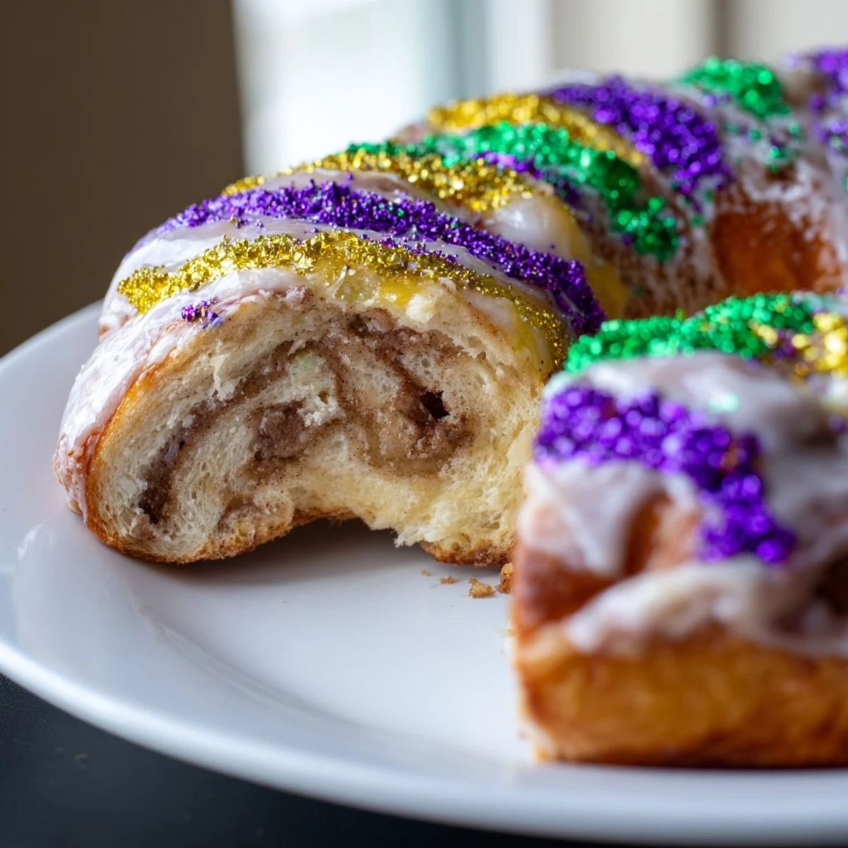 Mardi Gras King Cake cut into thick slices, revealing a warm cinnamon swirl inside and a hidden plastic baby nestled in the soft bread.  