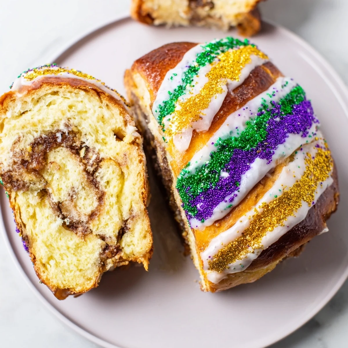 A whole Mardi Gras King Cake on a wooden board, glistening with vanilla icing and bright carnival sugars, perfect for a festive New Orleans celebration.