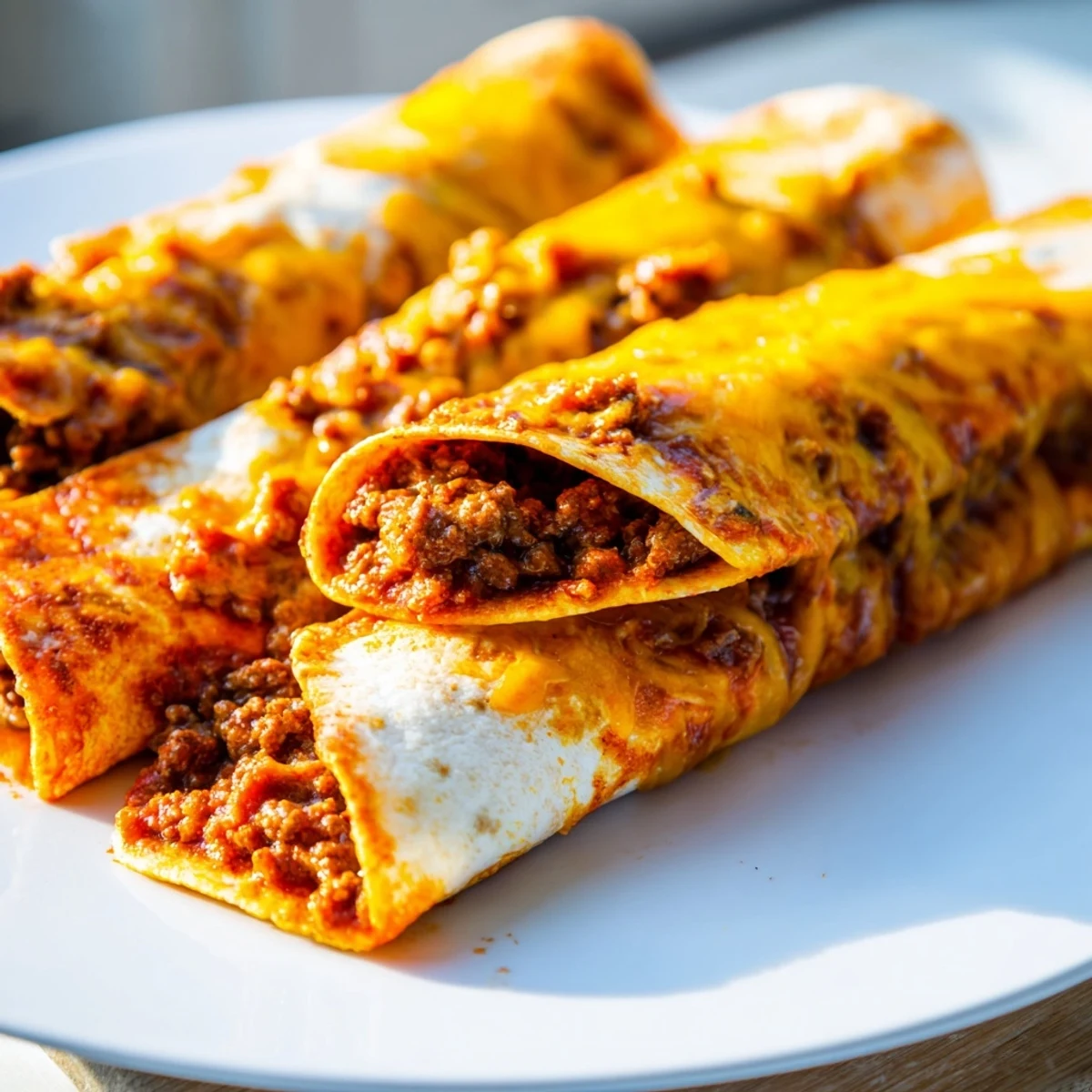 A close-up of Beef Enchiladas with Red Sauce and Cheese, featuring tender ground beef wrapped in warm tortillas with rich red sauce.