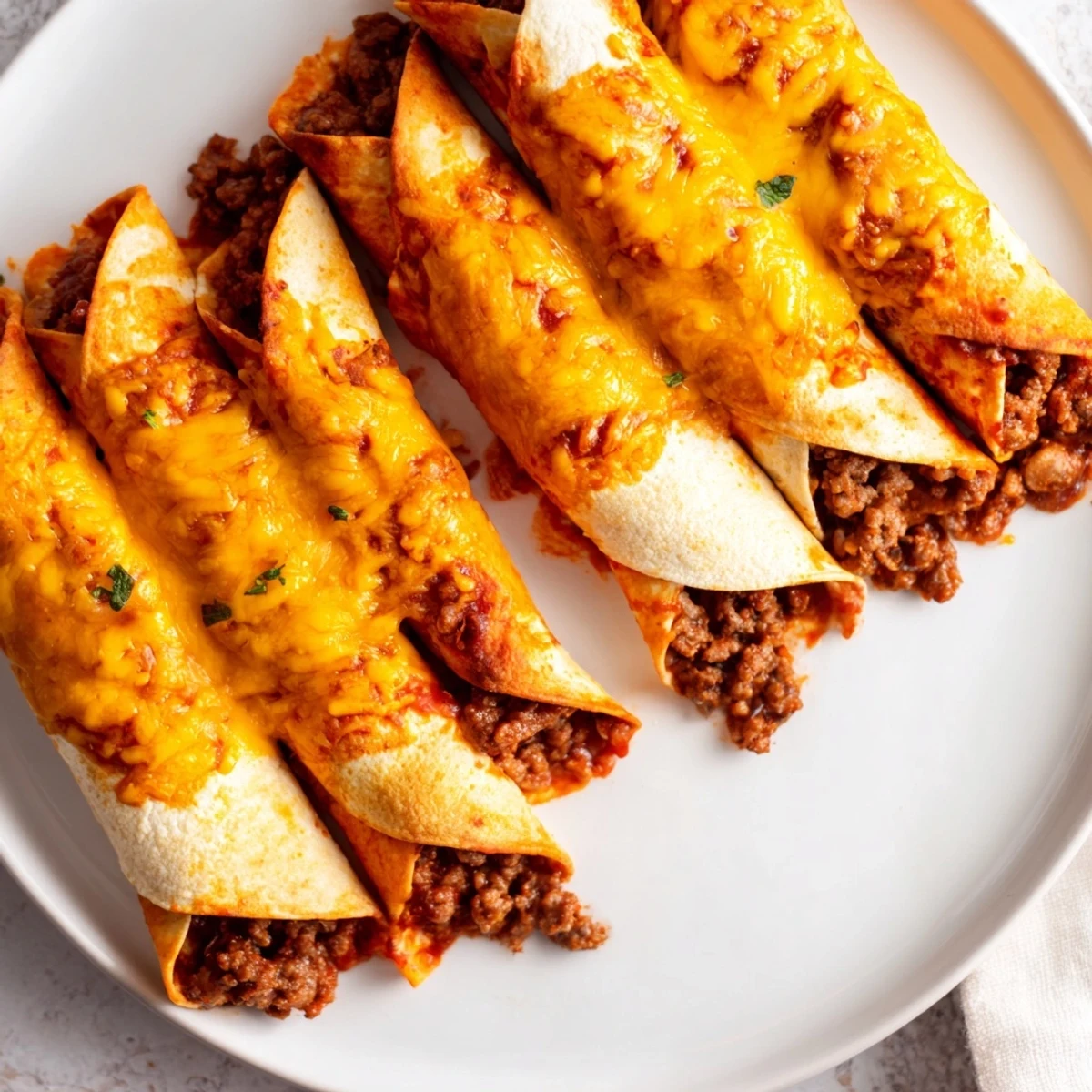 Beef Enchiladas with Red Sauce and Cheese plated on a rustic table, garnished with fresh cilantro and a dollop of sour cream.