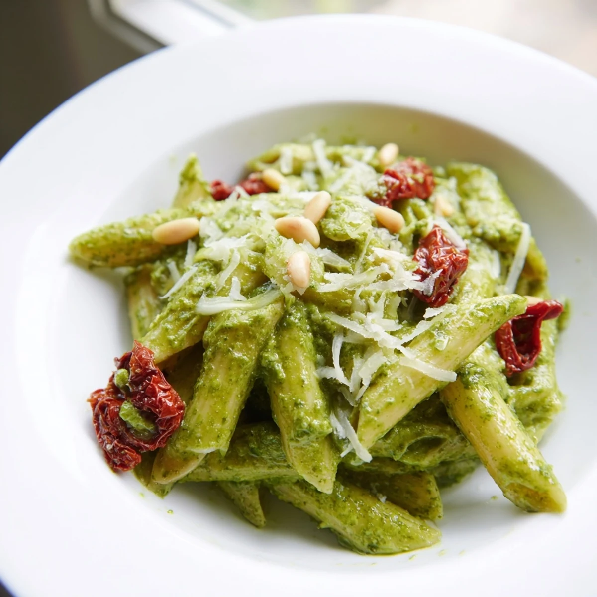 Freshly tossed green pesto pasta with sun-dried tomatoes, basil pesto, and grated Parmesan, ready to serve as a main dish.