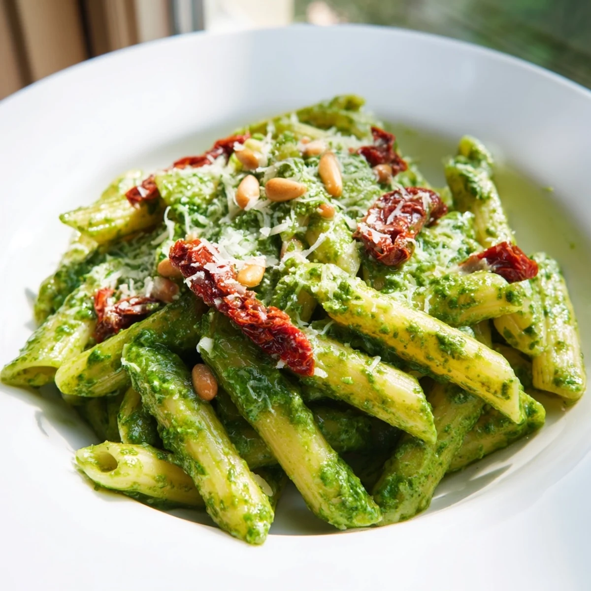 A close-up of vibrant green pesto pasta with sun-dried tomatoes in a white bowl, garnished with pine nuts and Parmesan.